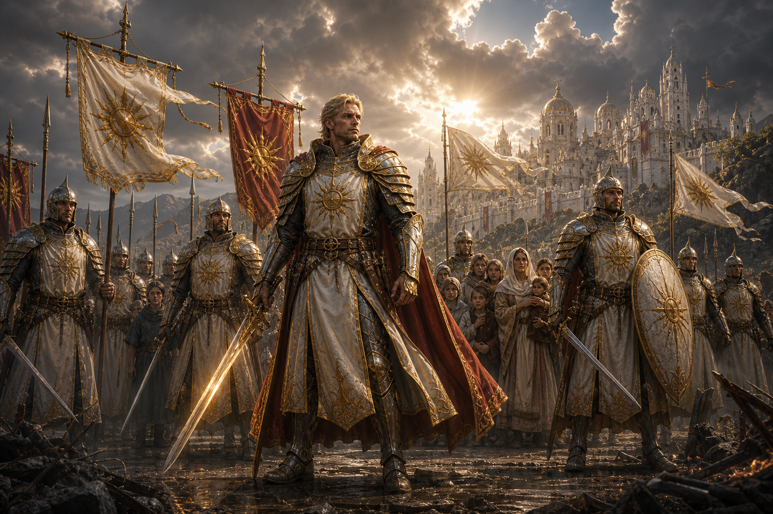 Order of the Blazing Sun protecting innocents on the battlefield.
