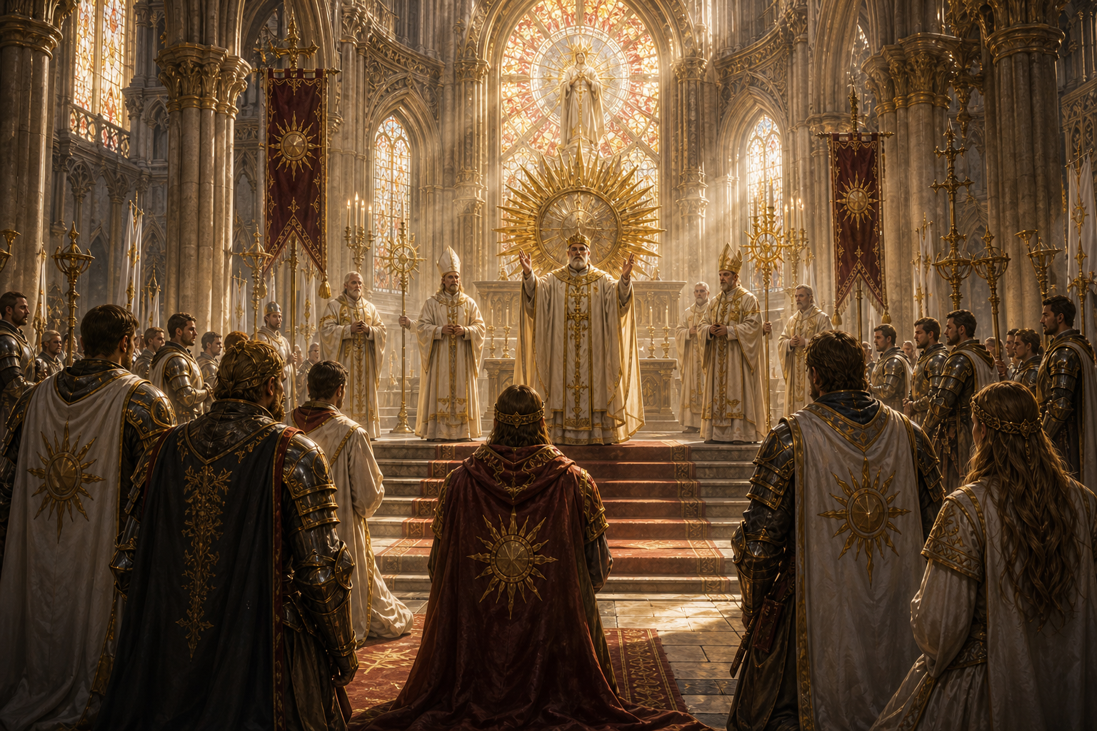 The Church of Faylen blessing clergy, knights, and worshippers inside a cathedral.