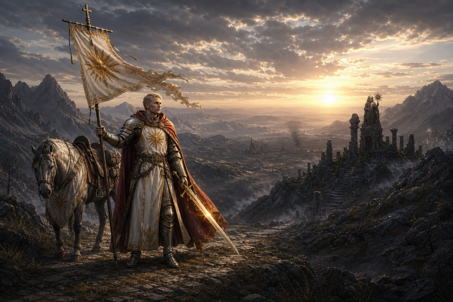 A Knight of the Ever-Dawn carrying light on a solitary quest.