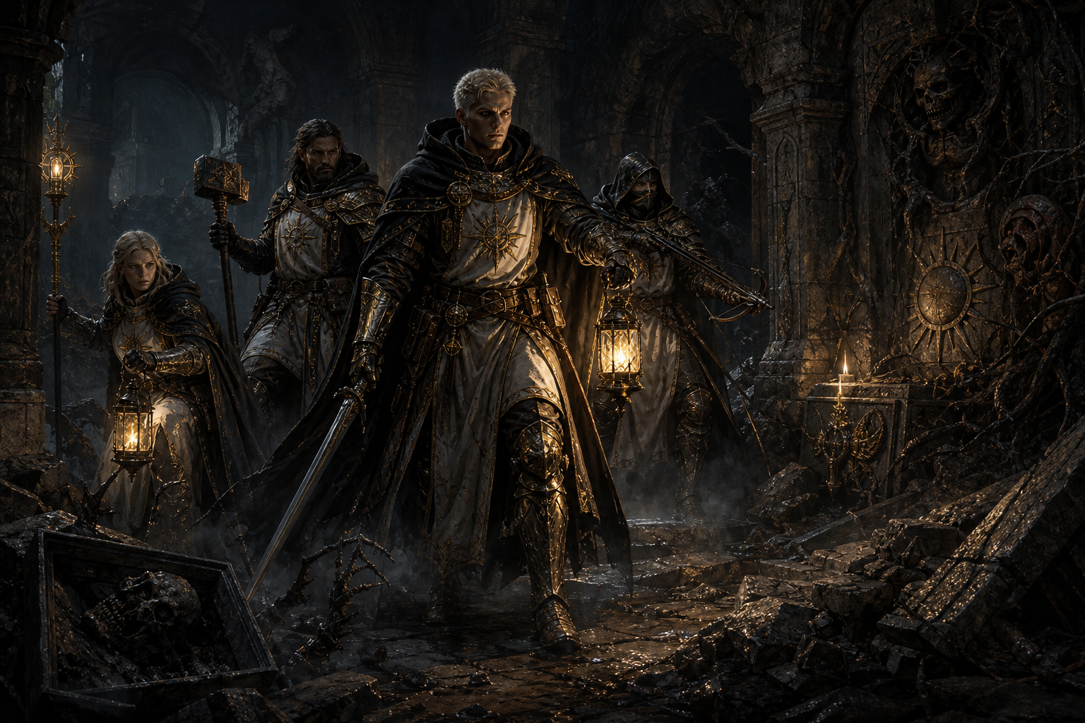 Faylen's Hunters confronting undead and demonic corruption in a ruined crypt.