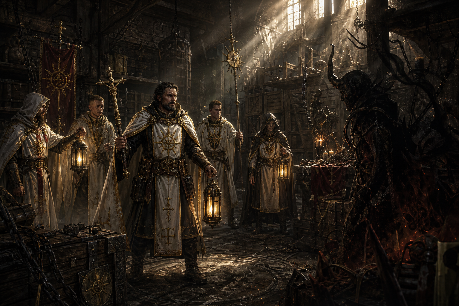 The Faylenian Inquisition confronting dark corruption in an old warehouse.