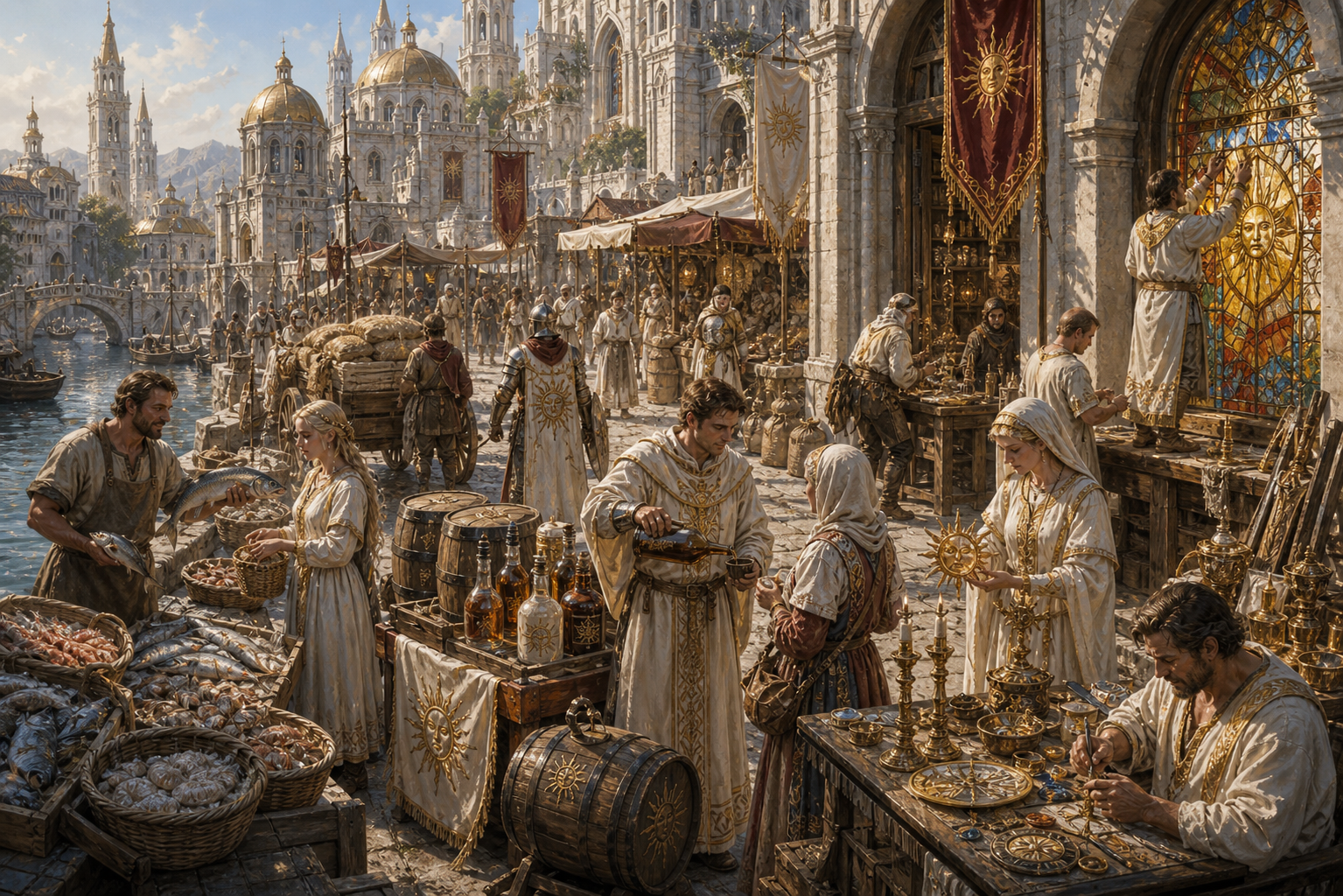 Faylenian market with sun-wine, stained glass, seafood, grain, and crafts.