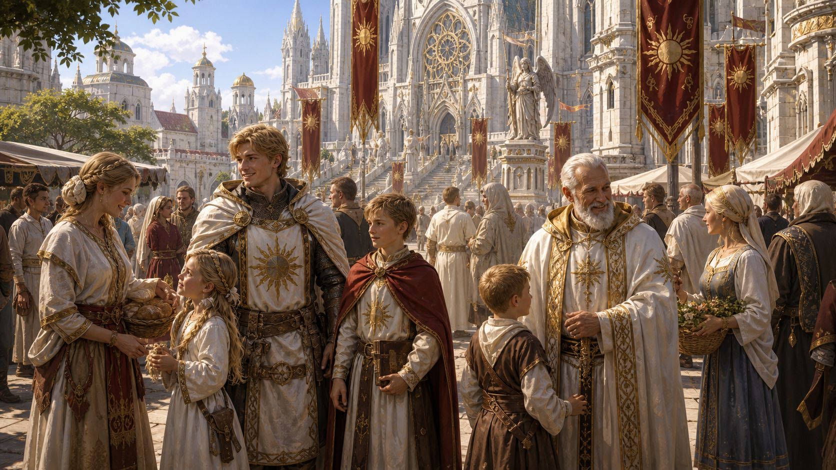 Faylenian citizens gathered in a sunlit cathedral plaza.
