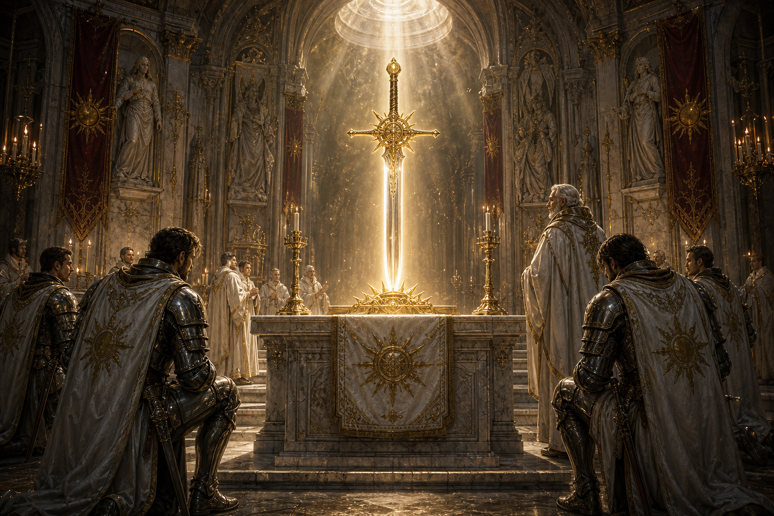 The legendary Sun Sword of Faylen in a sacred reliquary chamber.