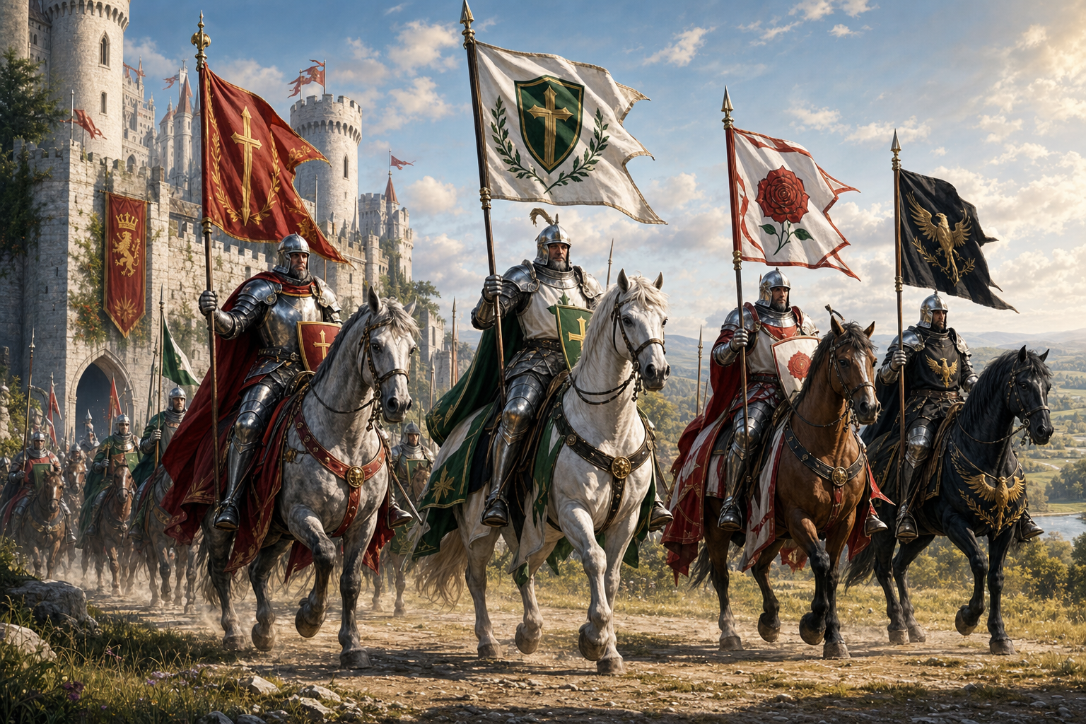 Klydorian knight orders riding out from a castle with banners raised.