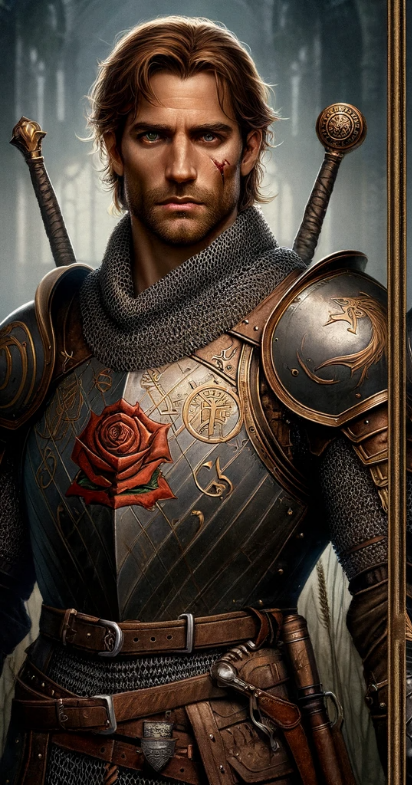 A Klydorian knight of the Order of the Rose wearing rose heraldry.