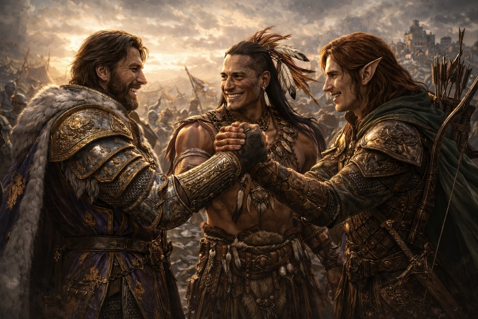 A Klydorian knight, Indian warrior, and Llewyrr elf clasping hands after battle.