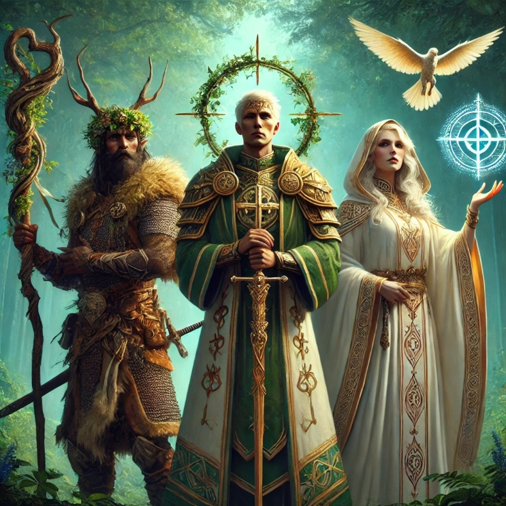 A druid, priest of Chandrilar, and robed mage standing in a sacred forest.
