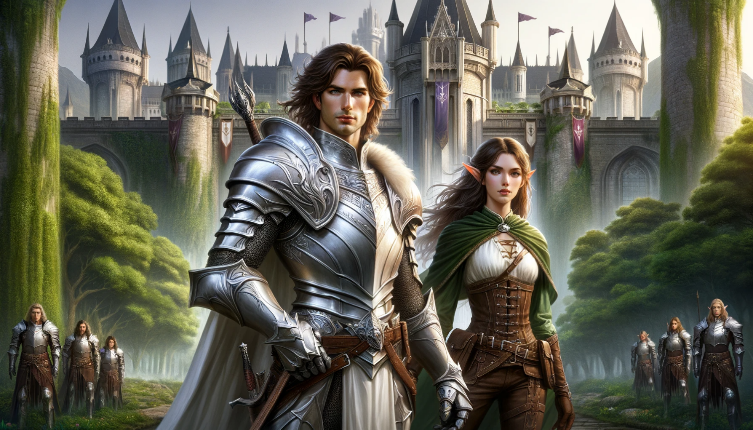 Armoured Klydorian heroes before a bright castle city.
