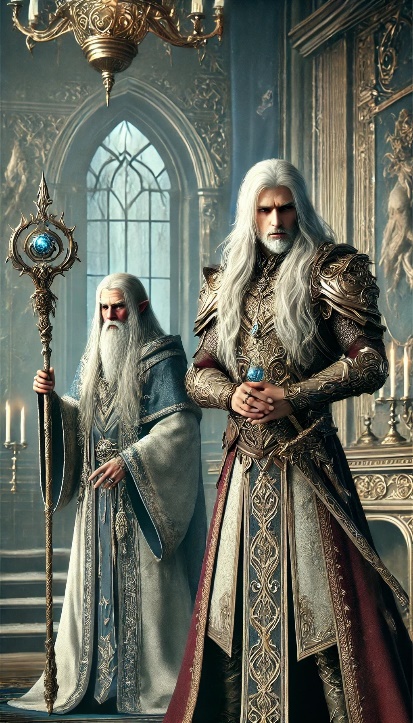 Robed and armoured figures in a vaulted chamber.
