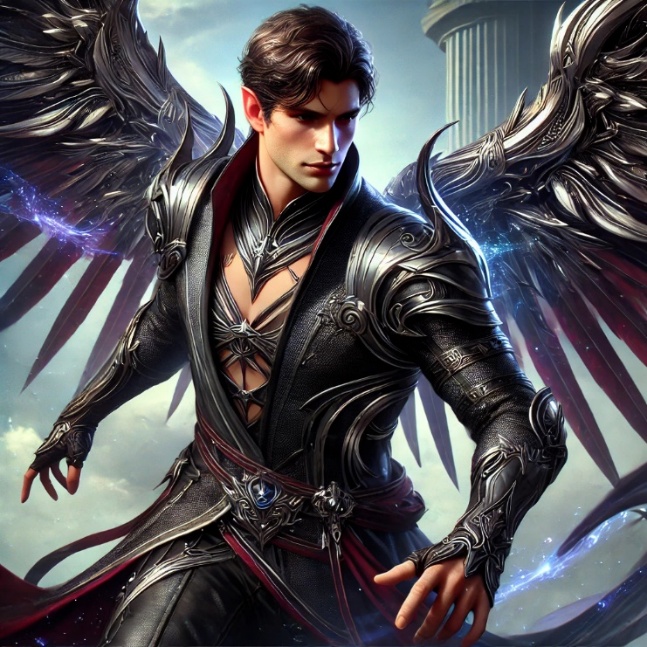 A dark-armoured warrior with black wings and shadowed gear.