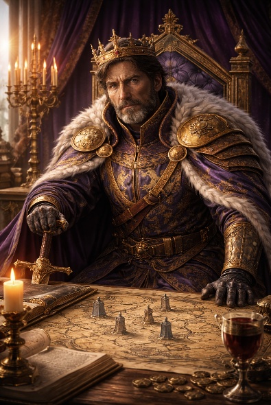 A fur-cloaked king seated at a war table.