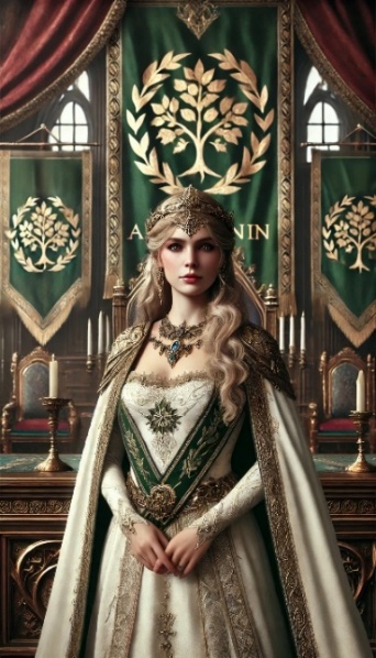 A regal queen in white and green before stained glass.