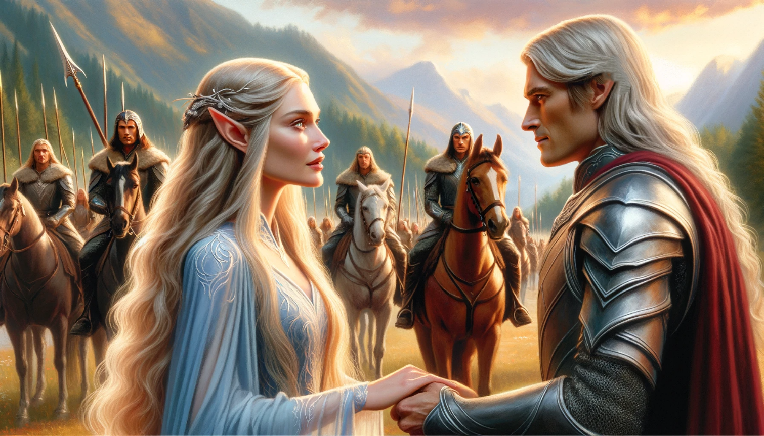 An elven princess and human knight sealing an alliance before gathered riders.