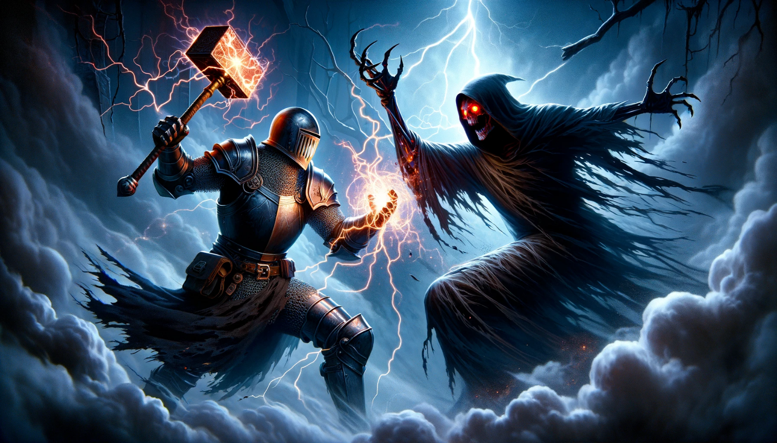 A warrior with a torch confronting a shadowy black-winged figure.