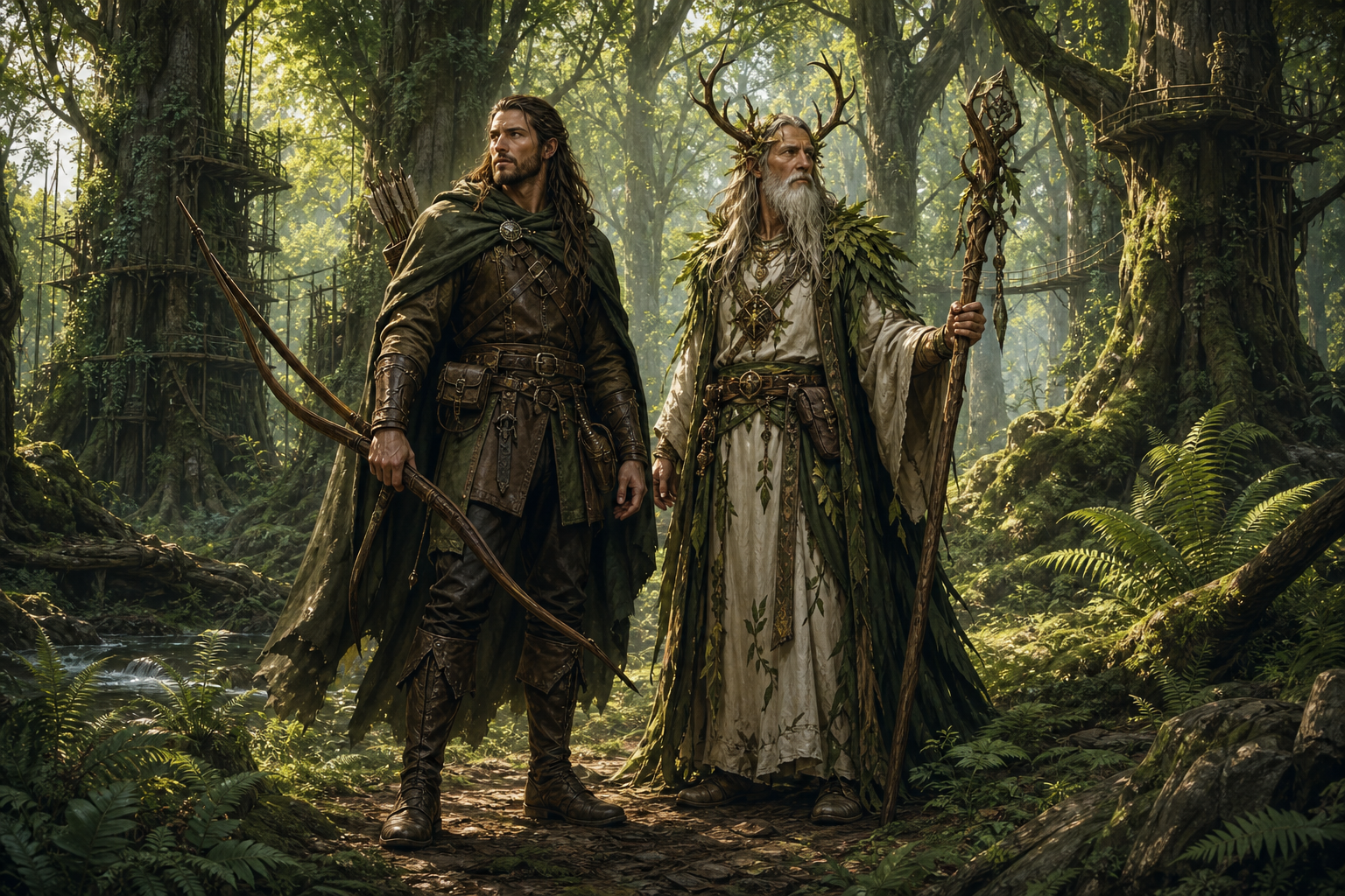 A Klydorian ranger and Earthmother druid standing together in the Llewyrr forest.