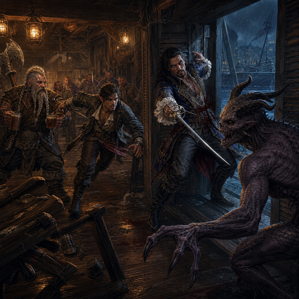Adventurers facing a horned monster in a stormy harbour building