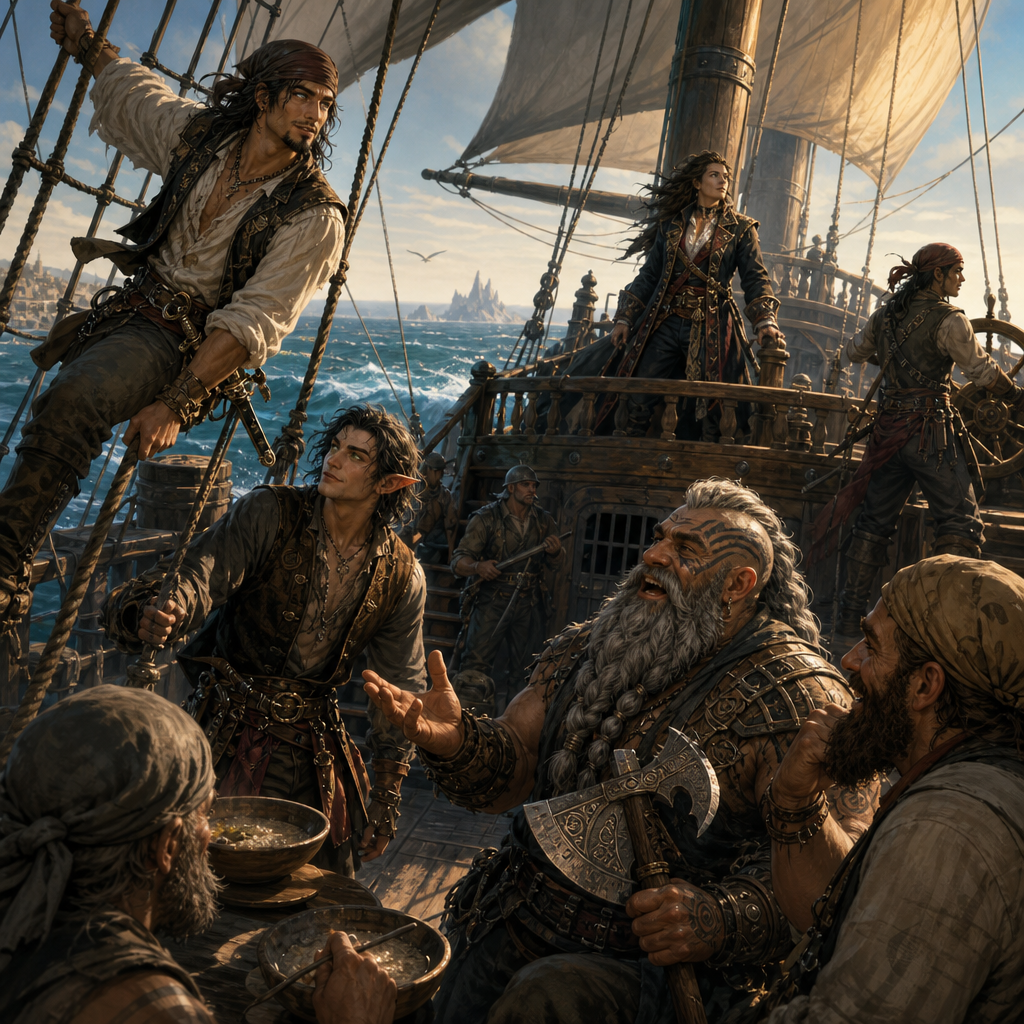 A varied fantasy crew gathered on a ship at sea