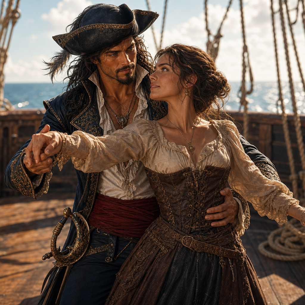 Two adventurers dancing together on a ship deck