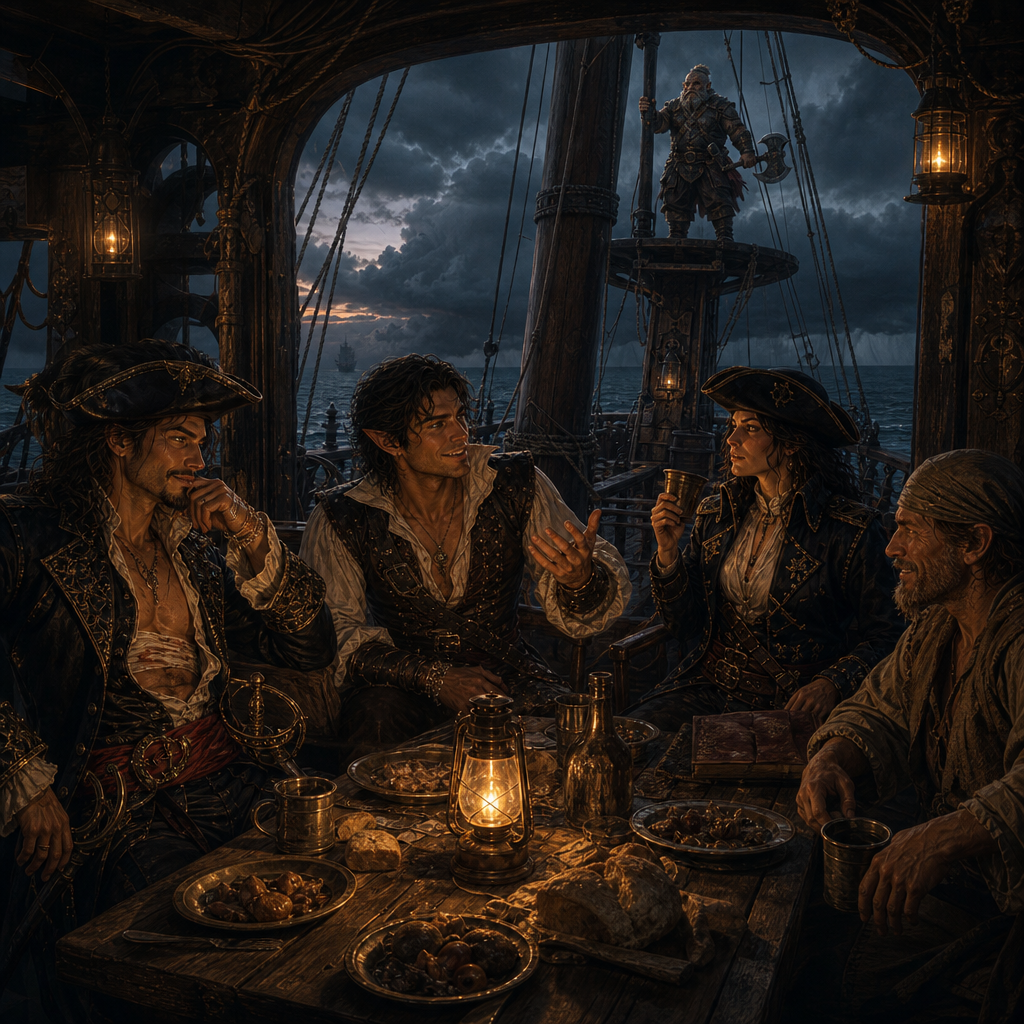 Adventurers and crew sharing food and drink aboard a ship
